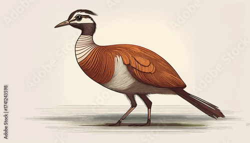 Illustration of a crested wood partridge, showcasing its distinctive brown plumage, white markings, and elegant stance.