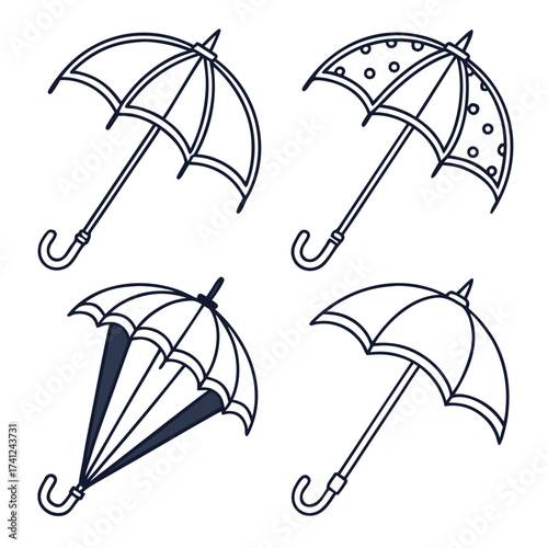 Collection of four simple outline style umbrellas in different designs and orientations on a white background