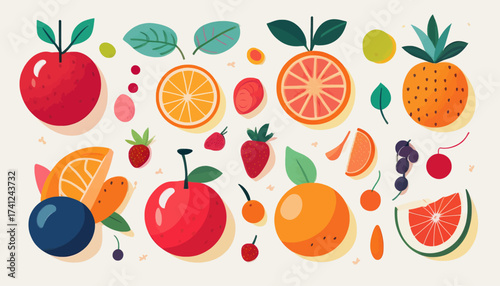 A vibrant collection of assorted fresh fruits, including apples, oranges, strawberries, blueberries, cherries, and pineapple, presented in a lively, flat illustration style.