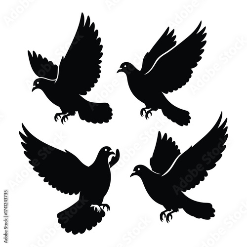 Four silhouette doves in flight peaceful symbolism freedom and serenity expressed through avian artistry silhouette