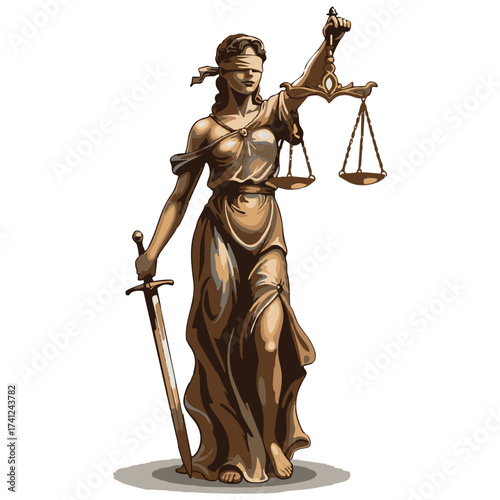Illustration of Lady Justice, the iconic symbol of fairness and law, holding a balancing scale and a sword. Blindfolded, she represents impartiality, delivering unbiased judgements based on evidence.