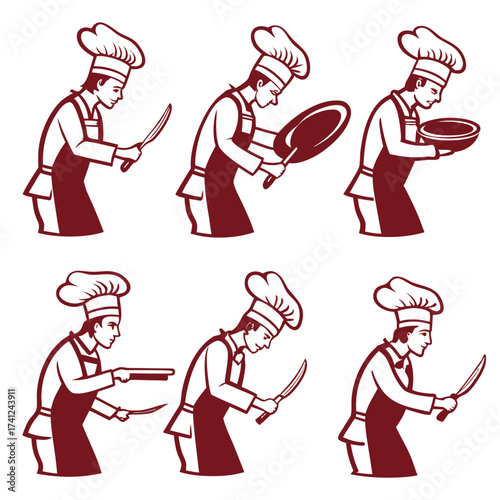 Collection of six stylized chef illustrations in action with cooking utensils and pans