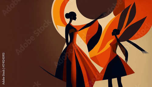 Elegant silhouettes of two women in flowing orange gowns dancing against a warm, abstract background.