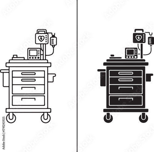 Vector art of a medical crash cart, depicted in both black and white, , is a mobile unit containing essential equipment and medications for emergency resuscitation and patient care in hospitals on