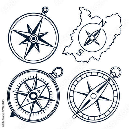 Collection of stylized compasses and a map outline with a compass indicating direction