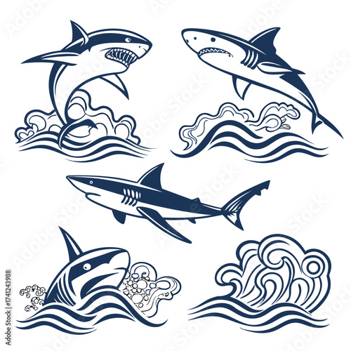 Collection of stylized dark blue shark silhouettes leaping and swimming through stylized ocean waves