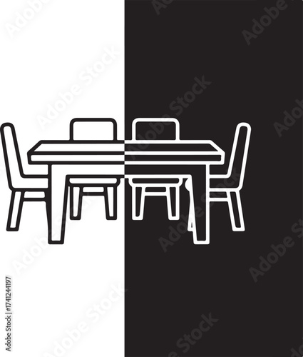 Vector art of monochrome illustration of a dining table and chairs split in black and white, representing balance and contrast in interior design on
