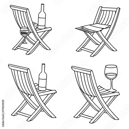 Four illustrations of wooden deck chairs with wine bottles and glasses for outdoor relaxation