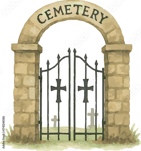 Watercolor vector illustrations of a cemetery gate