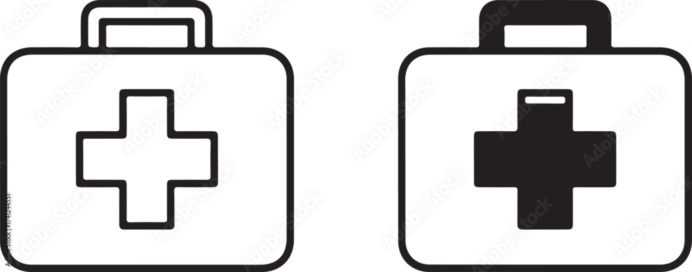 Obraz premium Vector art of first aid kit icon set medical bag, emergency case symbol healthcare, hospital and medicine concept vector illustration of a first aid kit in black and white on