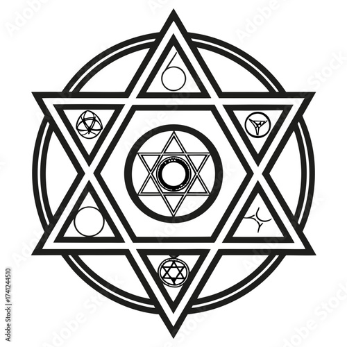 Intricate geometric occult symbol with interlocking stars circles and arcane sigils on white background