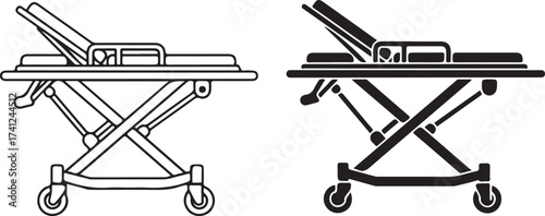 Illustration of a medical stretcher, available in black and white versions, suitable for healthcare, emergency, and hospitalrelated designs and projects on