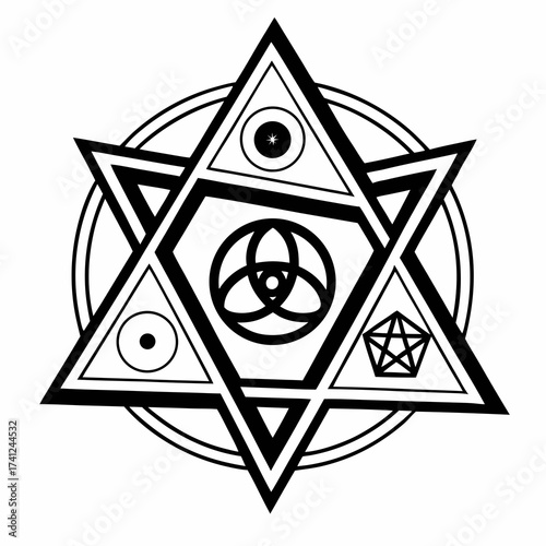 Mystical esoteric symbol featuring a star of david triquetra eye and pentagram