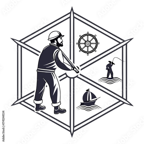 Maritime worker at helm with nautical elements in hexagonal frame representing sea adventure and industry