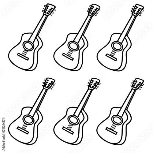 Seamless pattern of acoustic guitar outlines on a white background for music and design themes