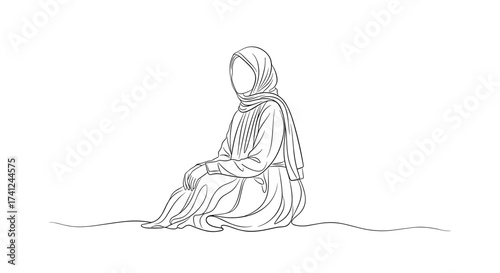 Illustration of a woman wearing a headscarf sitting gracefully on the ground 