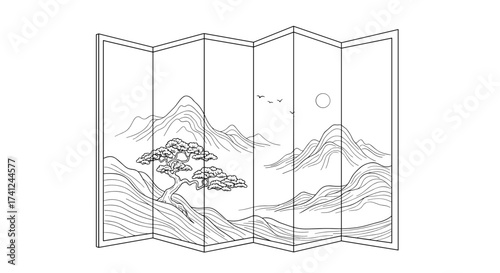 Illustration of a Chinese folding screen with landscape design on a white background