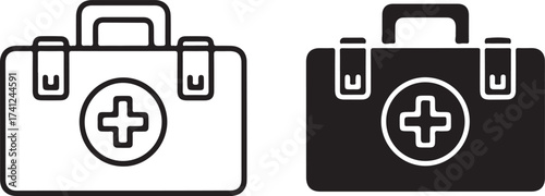 Vector art of first aid kit icon set medical bag, emergency case symbol healthcare, hospital and medicine concept vector illustration of a first aid kit in black and white on