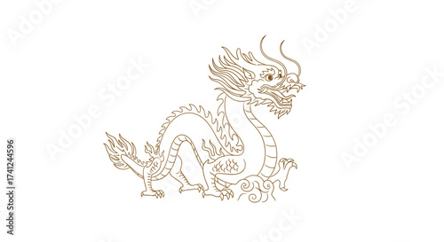 Illustration of a golden dragon statue with intricate details on a white background