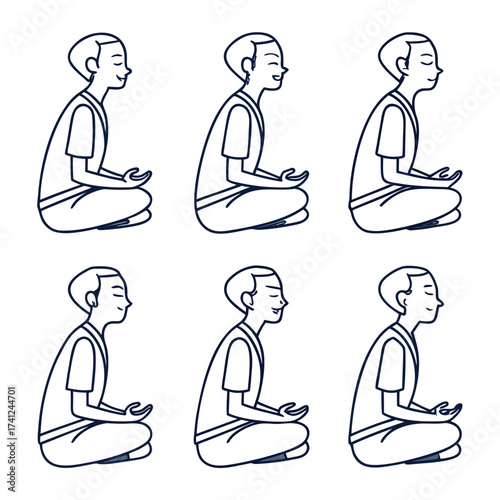 Six simple line drawings of a person meditating in a cross legged pose with closed eyes and hands in lap
