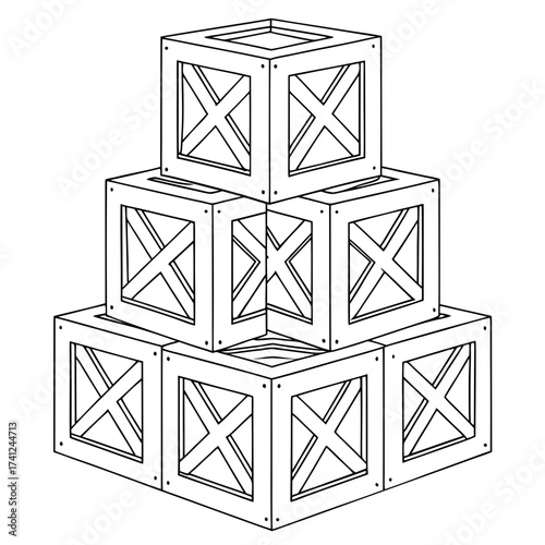 Stack of wooden crates with x bracing isolated on white background line art illustration