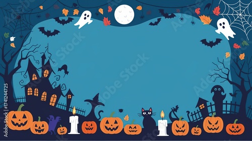 hires for Halloween background and presentation 16 9 size with items and decoration with gifts, accessories and bats pumpkin Candles Ghost 