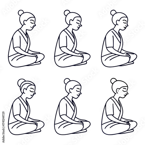 Six simple line art illustrations of people meditating in a seated cross legged pose