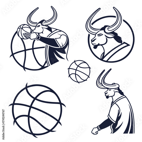 Stylized bull mascot playing basketball in various poses with basketballs
