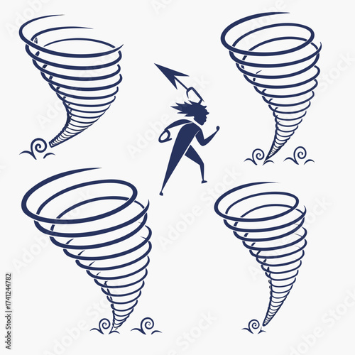 Stylized dark blue tornado icons and a running figure with an arrow symbol on a white background
