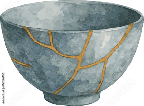 Watercolor vector illustrations of kintsugi bowl