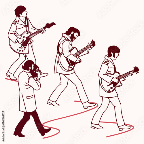 Stylized illustration of four musicians walking in a line playing guitars and a saxophone