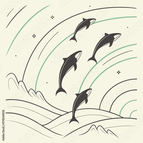 Stylized illustration of four orcas leaping through stylized waves and arcs against a cream background