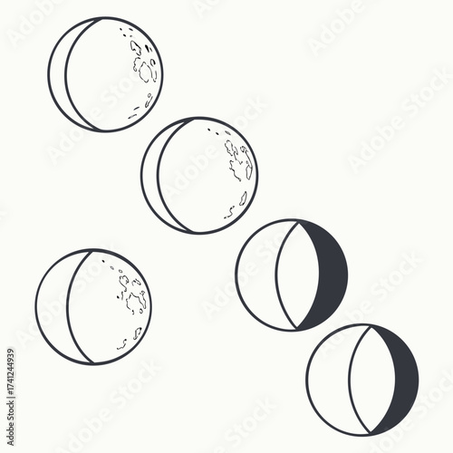 Stylized illustration of the moon phases from crescent to gibbous with crater details