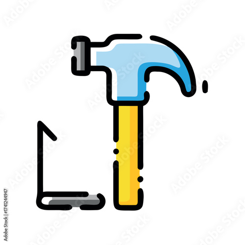 Hammer and Pry Bar Depicted with Bold Outlines and Playful Colors Suitable for Children's Educational Materials