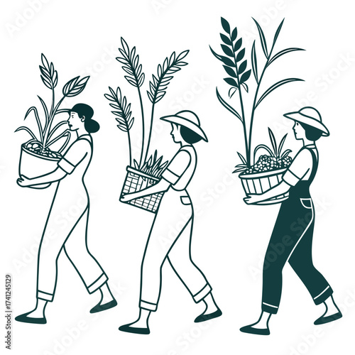 Three women in profile carrying baskets filled with harvested crops and plants in a stylized line art illustration