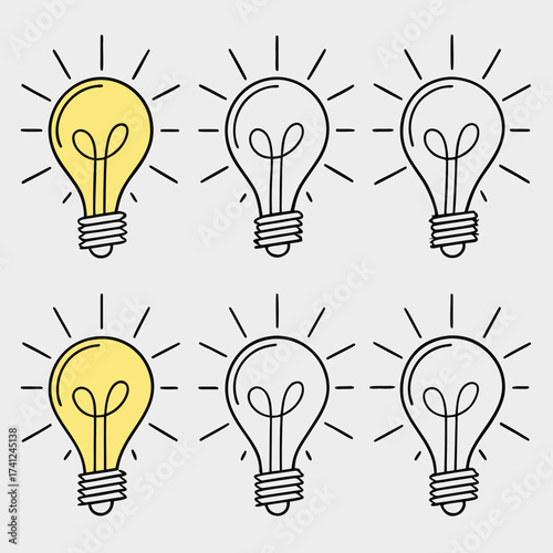 Two glowing yellow light bulbs stand out among unlit clear bulbs representing ideas and innovation