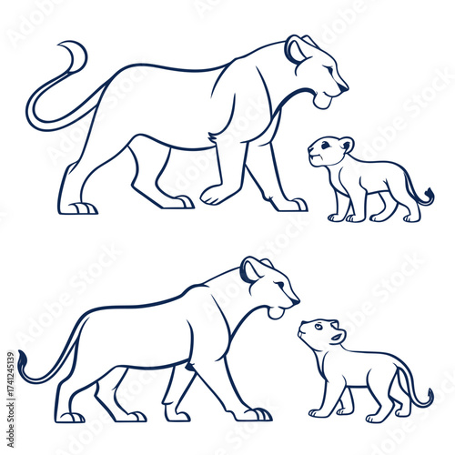 Two stylized line art illustrations of a mother lion and her cub in different poses