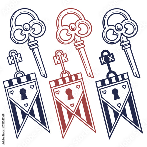 Vintage ornate keys and heraldic banners with lock and heart motifs in blue and red outlines