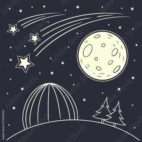 Whimsical night sky illustration with a dome observatory moon shooting stars and pine trees under a starry expanse
