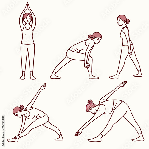 Woman performing various yoga poses including standing stretches and triangle pose for fitness and wellness