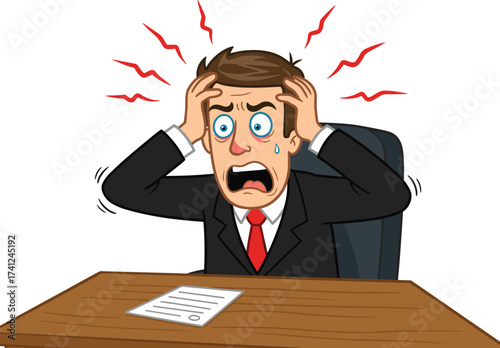 Stressed businessman cartoon, panic at desk, emotional reaction, office pressure, anxiety illustration, crisis moment, corporate burnout, expressive character, workplace stress