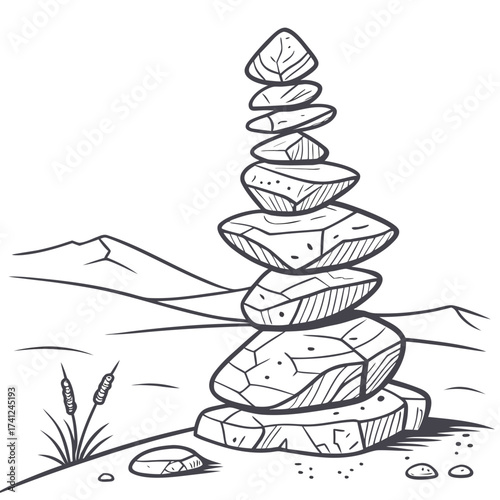 Zen balanced cairn of stacked stones in a serene landscape with distant mountains and reeds