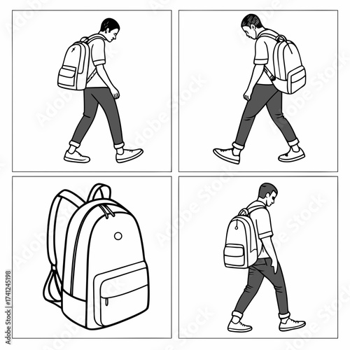 Young man wearing a backpack walks with a slight slump in his shoulders isolated on white background