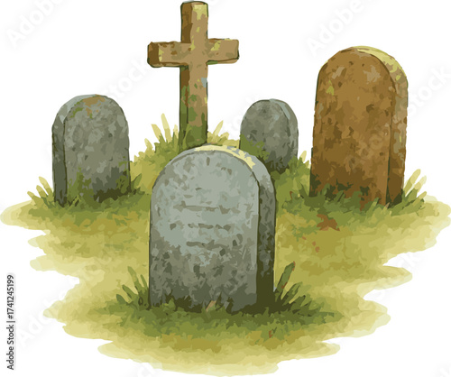 Watercolor vector illustrations of tombstones at cemetery