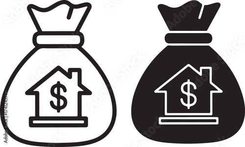 money bag with a house and dollar sign, available in both black and white versions, suitable for real estate or financial themes on