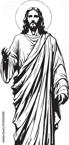 Religious figure illustration with halo, robe, blessing gesture, and divine symbolism in black line art