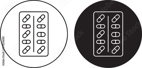 Illustration of a blister pack of pills capsule in black and white, the image represents medication, treatment, and healthcare, suitable for medical or pharmaceutical themes on