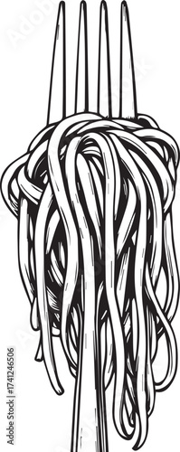 Fork with spaghetti wrapped around tines, black and white vector illustration of pasta and food concept