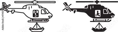 air ambulance Vector art of  rescue helicopter air ambulance black and white vector illustration of a helicopter carrying a stretcher, representing emergency medical services and rescue operations on