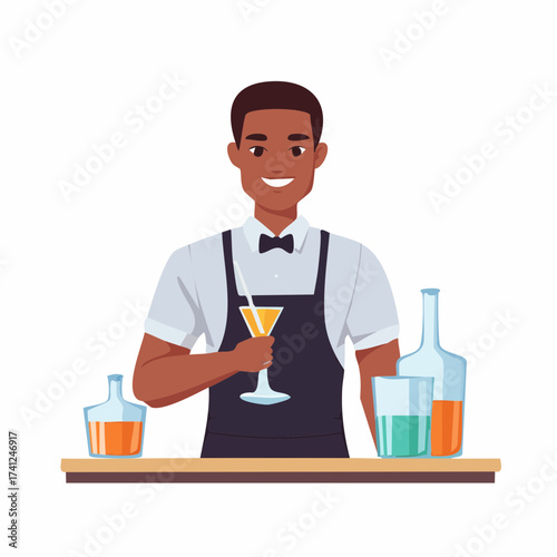 Bartender smiling with cocktail on bar counter